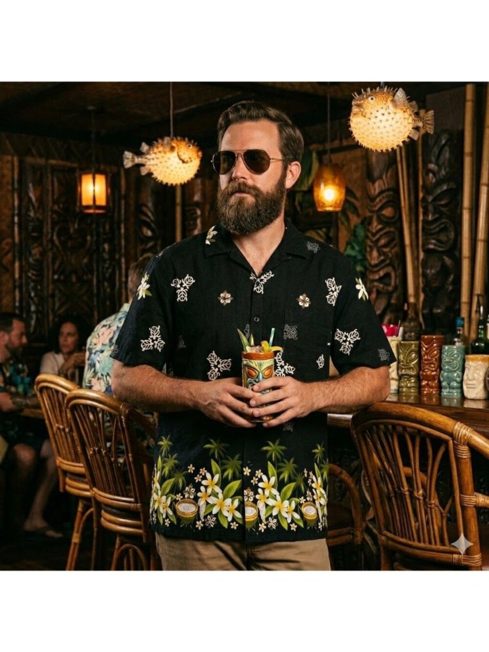 Vintage 70s Hawaiian Barkcloth Shirt Black Tiki Rockabilly Sea Turtle Poi XL